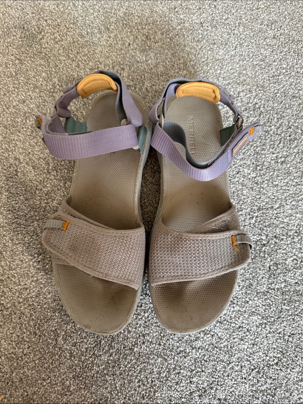 Merrell Women's Taupe Sandals with Lilac Straps and Yellow Tabs